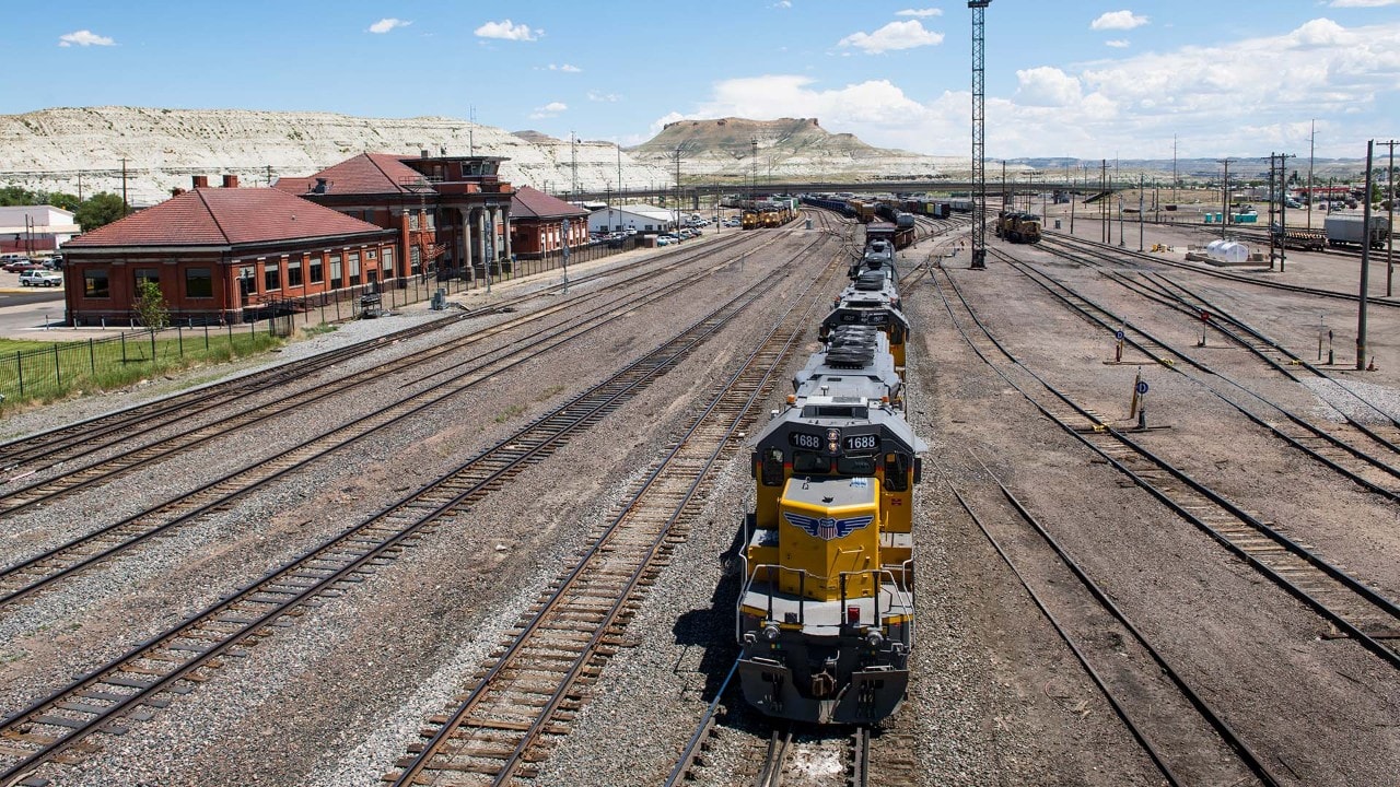 Trains haul coal at the historic Union Pacific Railroad train depot in Green River, Wyoming. 