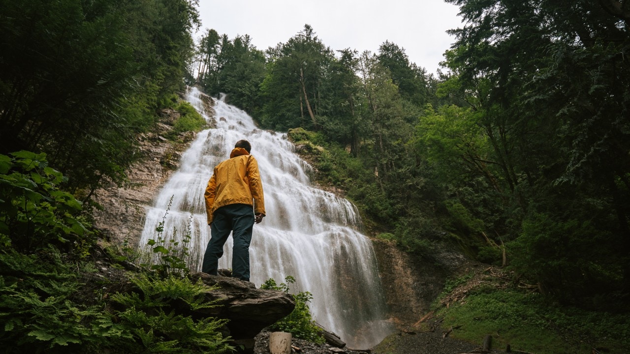 Nic admires Bridal Veil Falls near Chilliwack.