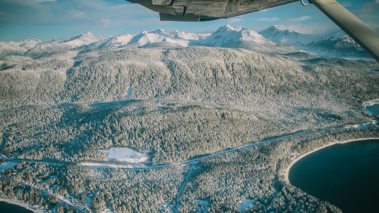 Looking over the Alaska Marine Highway from a seaplane on the way to Juneau.