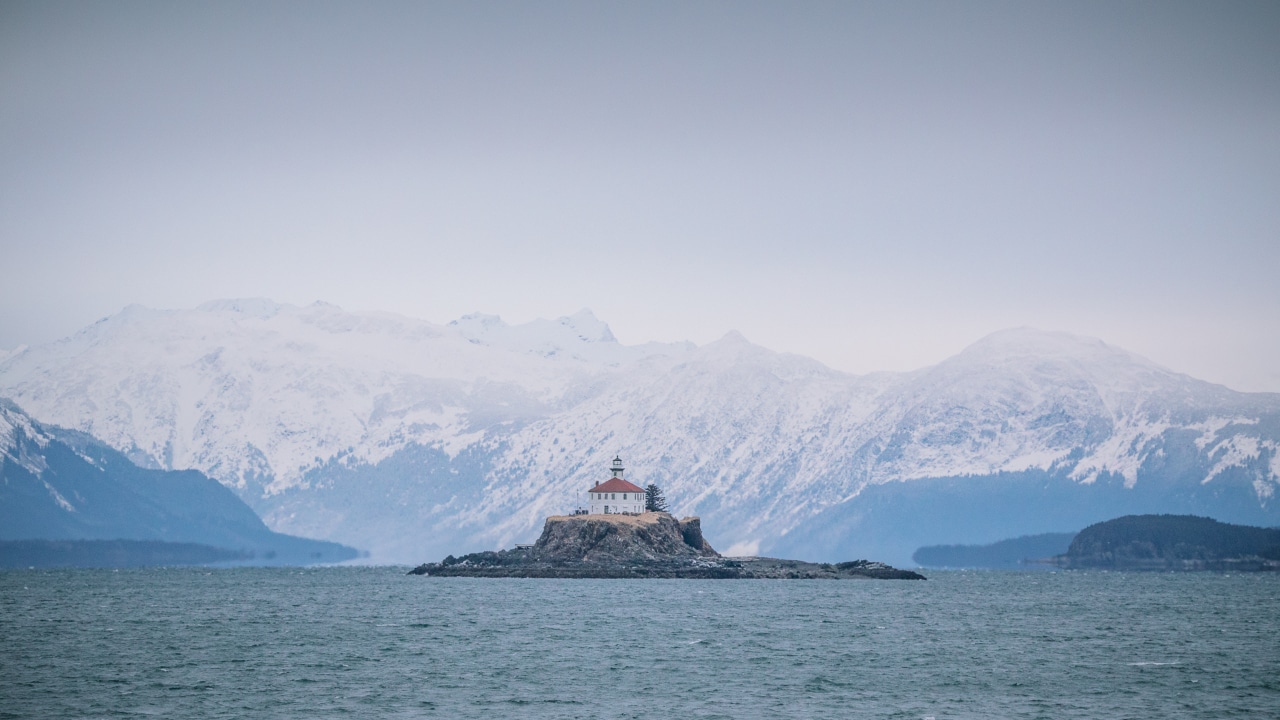 A lighthouse along the Alaska Marine Highway between Juneau and Haines.