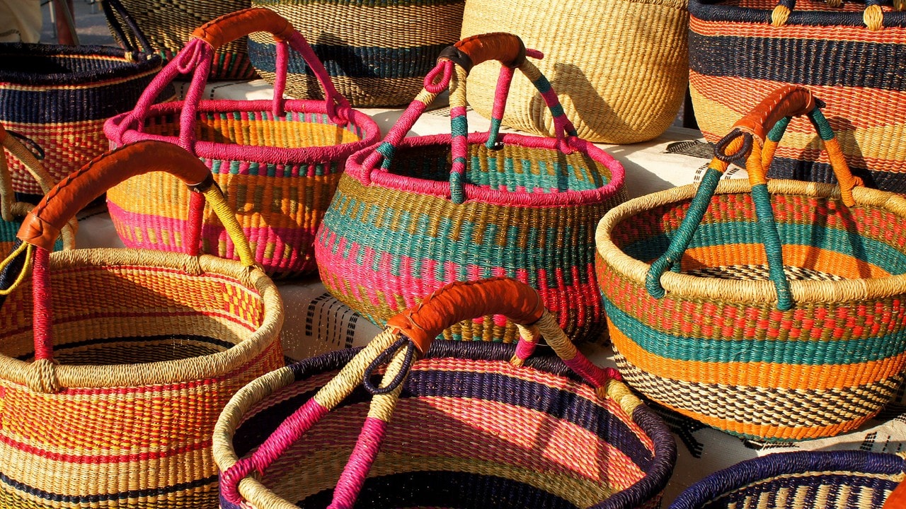 Colorful baskets are available at the Calistoga Farmers' Market.